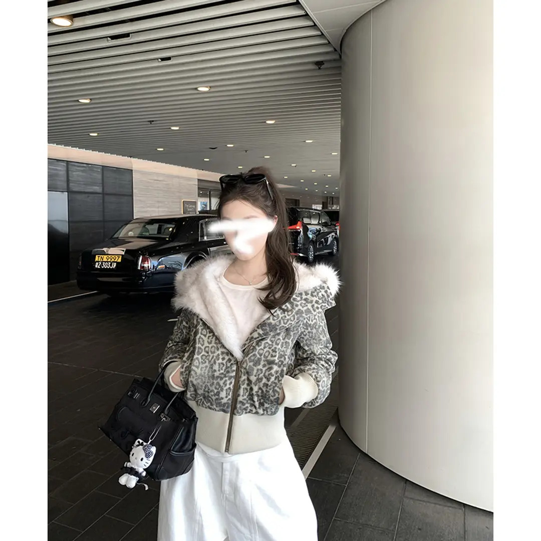 【曼城旧事】连帽大毛领拉链豹纹短外套女2025秋冬加厚夹棉上衣棉服