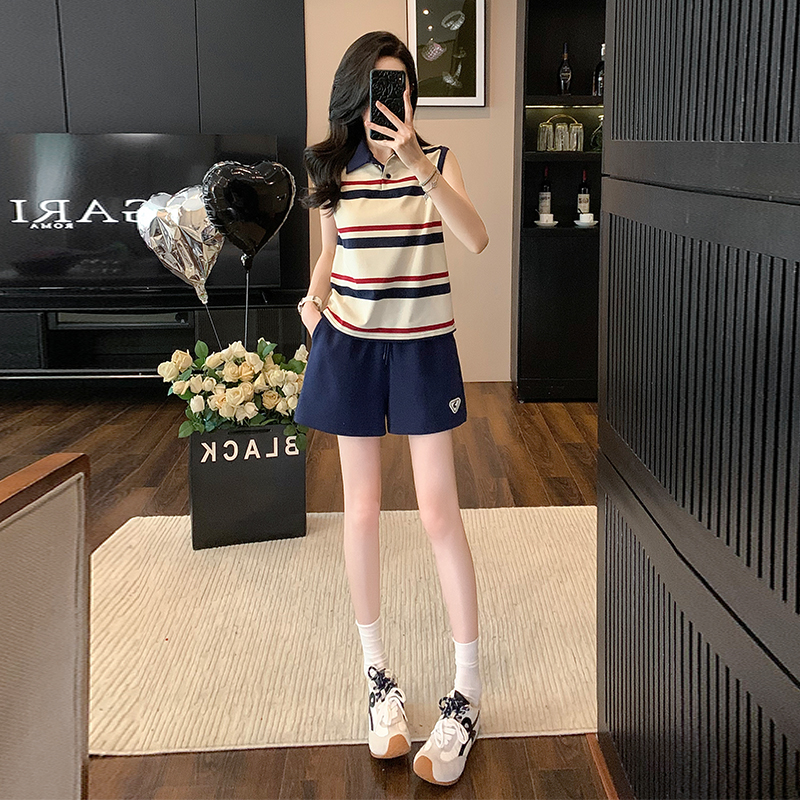 新款时尚韩版休闲条纹运动女洋气Polo领宽松短袖短裤两件套装女夏
