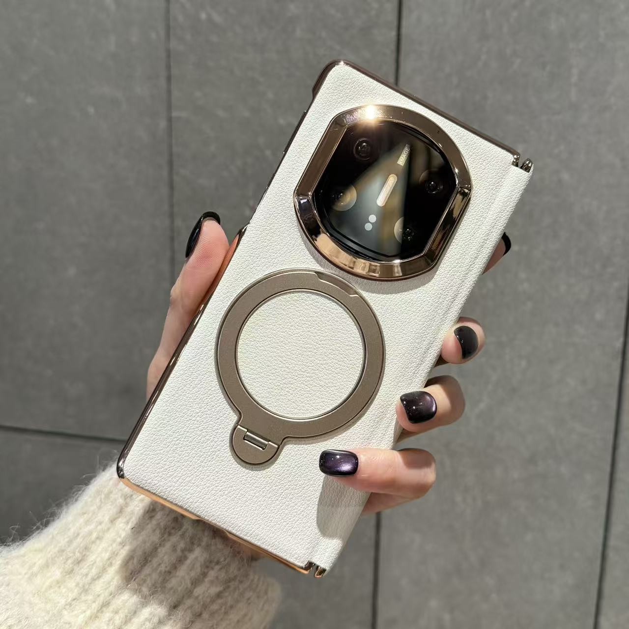 适用华为MateX7折叠屏手机壳x7典藏版中轴保护套白色真皮旋转支架