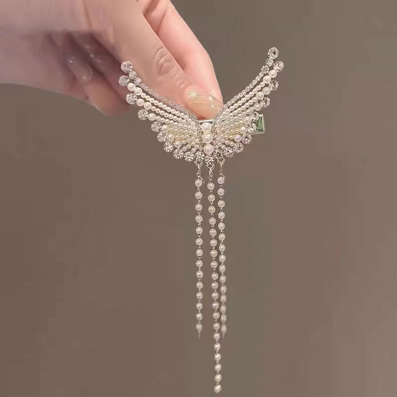 韩国天使翅膀鸭嘴夹发卡2024新款少女侧边夹珍珠流苏蝴蝶网红发夹