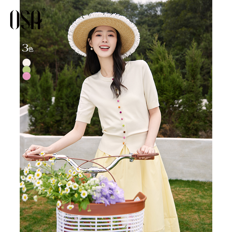 【OSA/欧莎】彩色纽扣针织衫女夏季清新减龄圆领薄上衣S125B16031