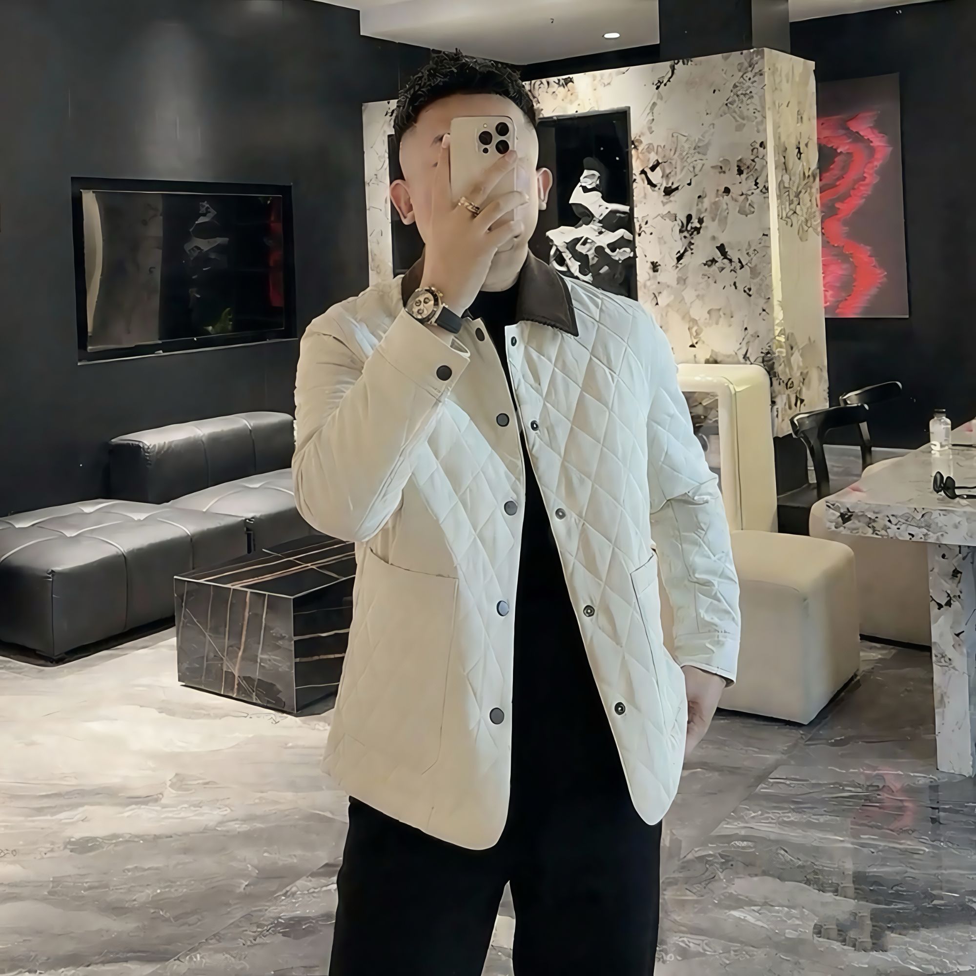 韩版男士时尚棉服撞色长袖翻领纯色休闲修身网红气质显瘦棉衣外套