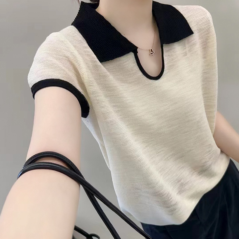 别致翻领撞色小众薄款针织衫夏季新款气质显瘦正肩短袖套头上衣女