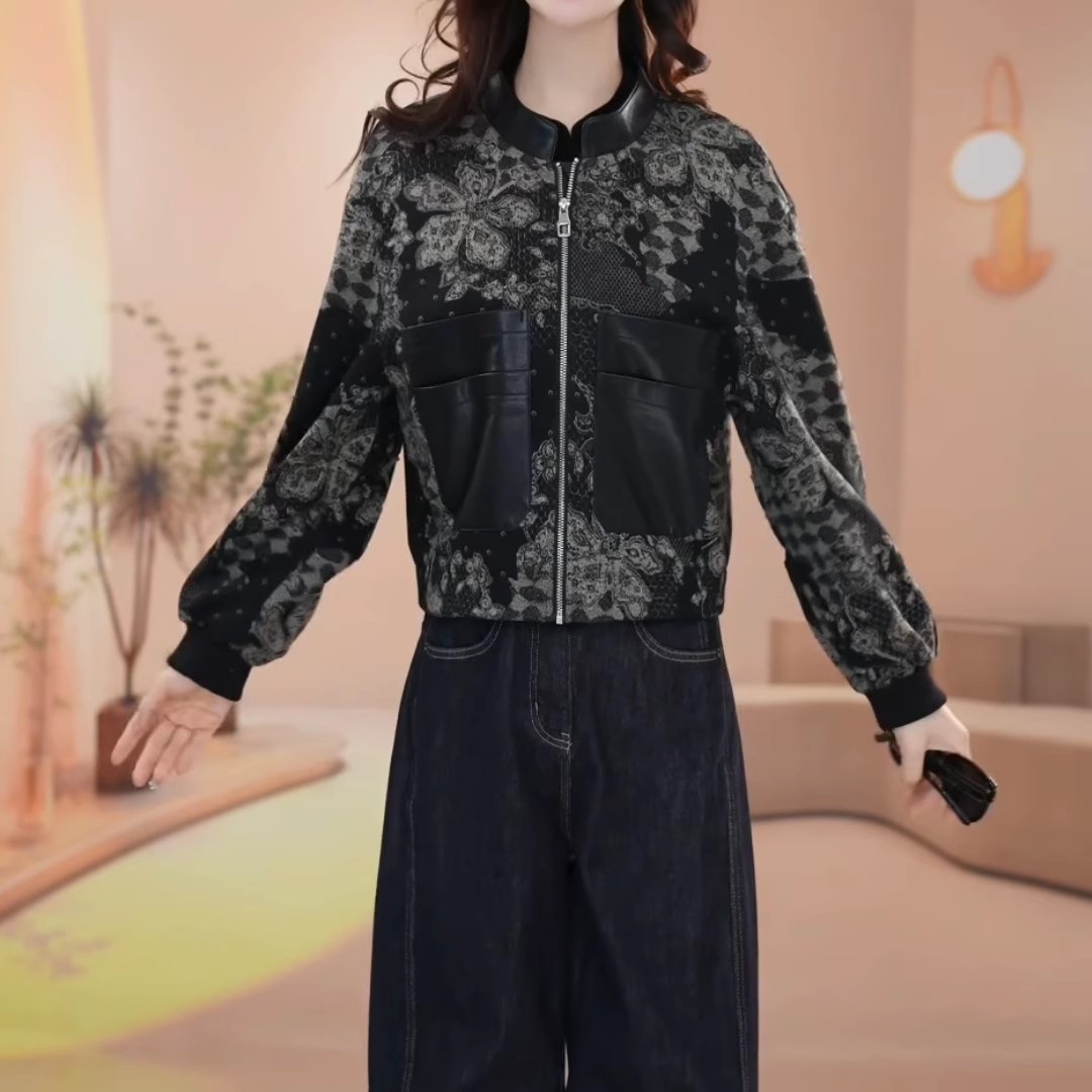 高级感气质百搭优雅印花短款外套女秋季外套2025新款时尚显瘦上衣