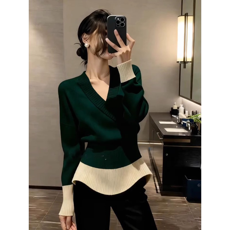 高级感超好看气质撞色软糯毛衣女装2025秋冬新款掐腰漂亮针织上衣