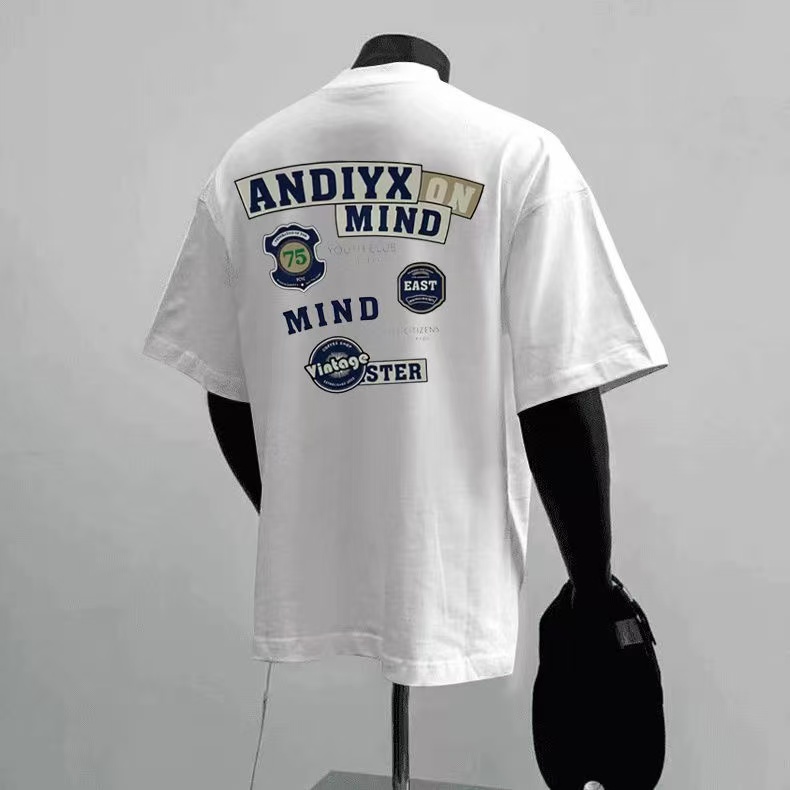 重磅纯棉落肩款男短袖t恤潮流大码宽松百搭痞帅个性圆领韩版半袖