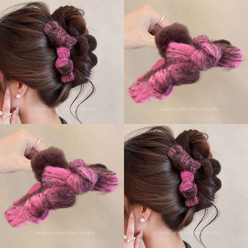 秋冬毛绒蝴蝶结抓夹女高级感2025新款饱满后脑勺发量大号鲨鱼夹子