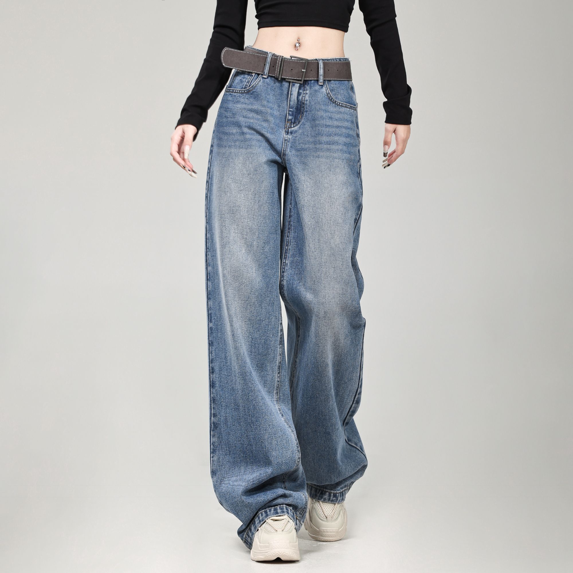 2026春款美式复古直筒牛仔裤女新款中腰显瘦垂感拖地阔腿裤Y5012