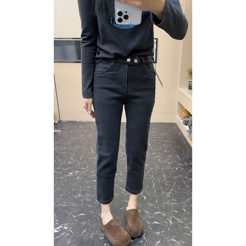 大码2025秋冬新款高腰加绒牛仔裤女小个子遮胯显瘦百搭直筒烟管裤