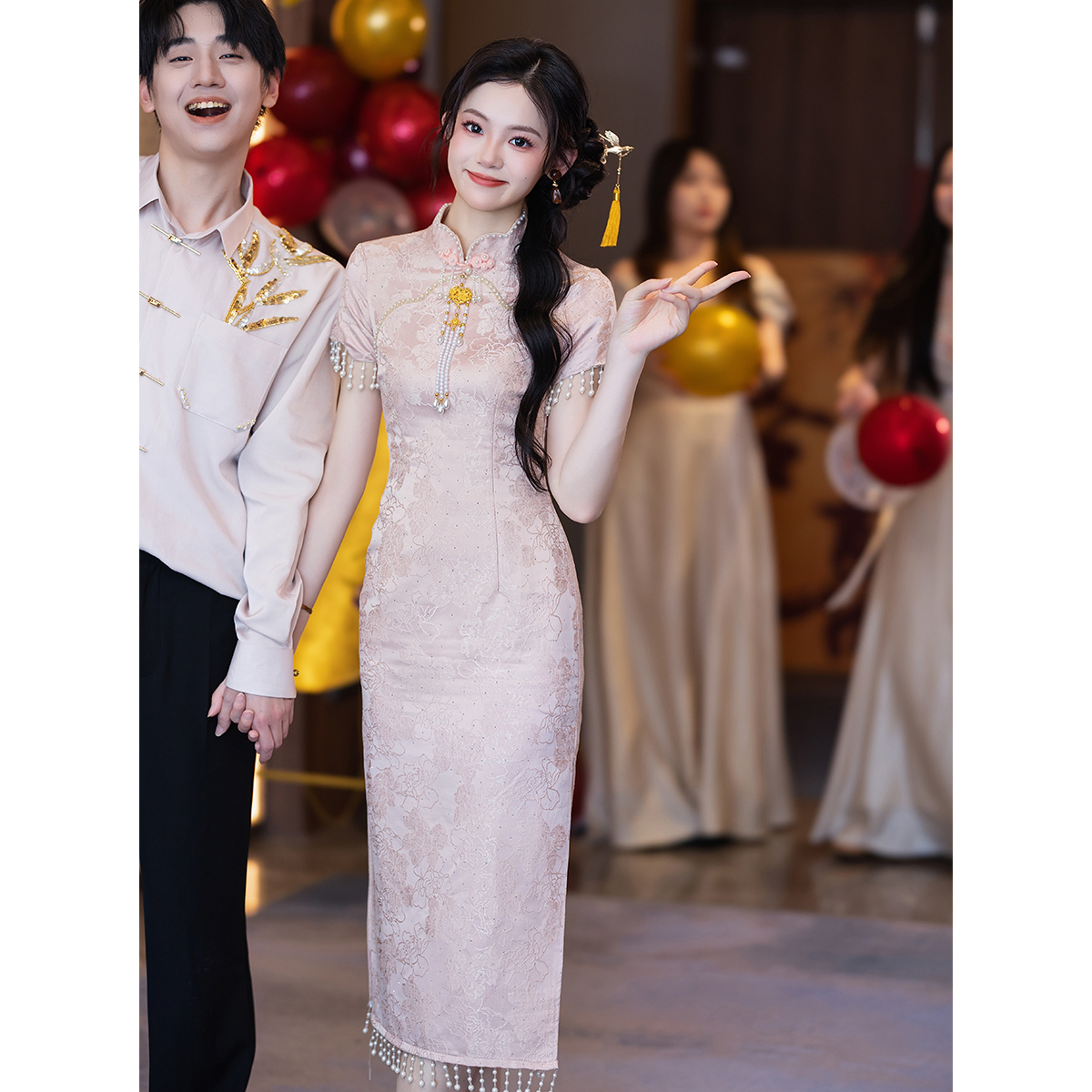 粉色旗袍2025新款订婚礼服裙新中式绝美敬酒服新娘回门结婚小个子