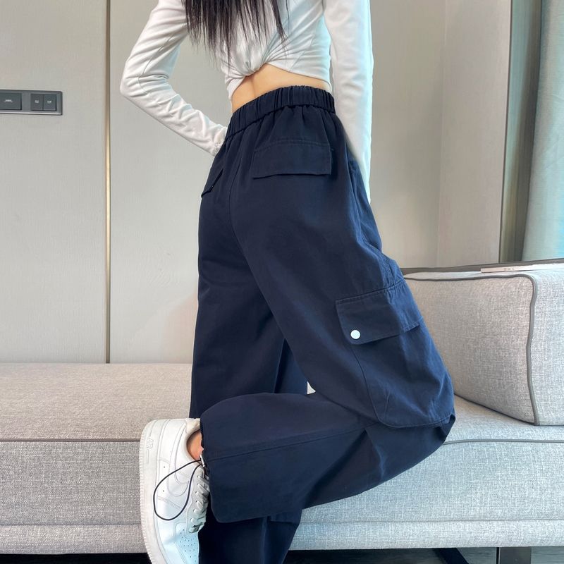 藏青工装裤女春秋2025年新款小个子直筒宽松高腰阔腿伞兵加绒裤子