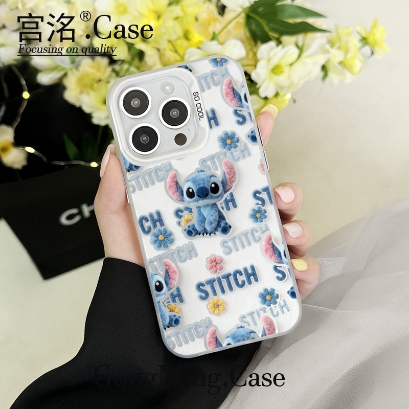 毛茸茸史迪仔彩银壳适用于iPhone苹果17手机壳华为oppo小米手机壳
