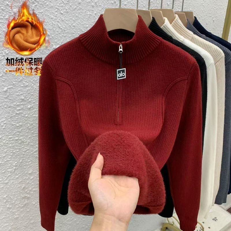 一体绒加厚毛衣女秋冬新款半开领拉链针织打底衫修身保暖内搭上衣