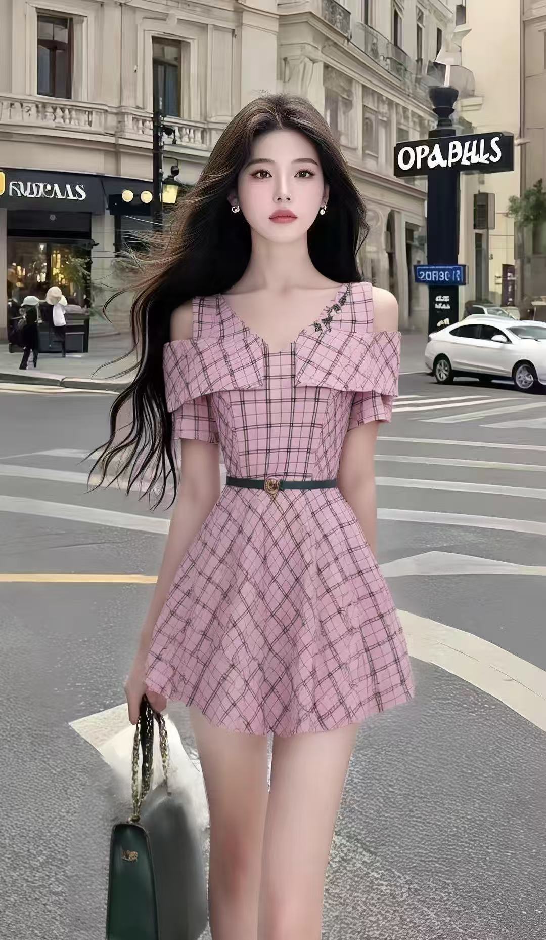 新款时尚粉色格子不规则设计短袖V领露肩连衣裙女时尚高级女装