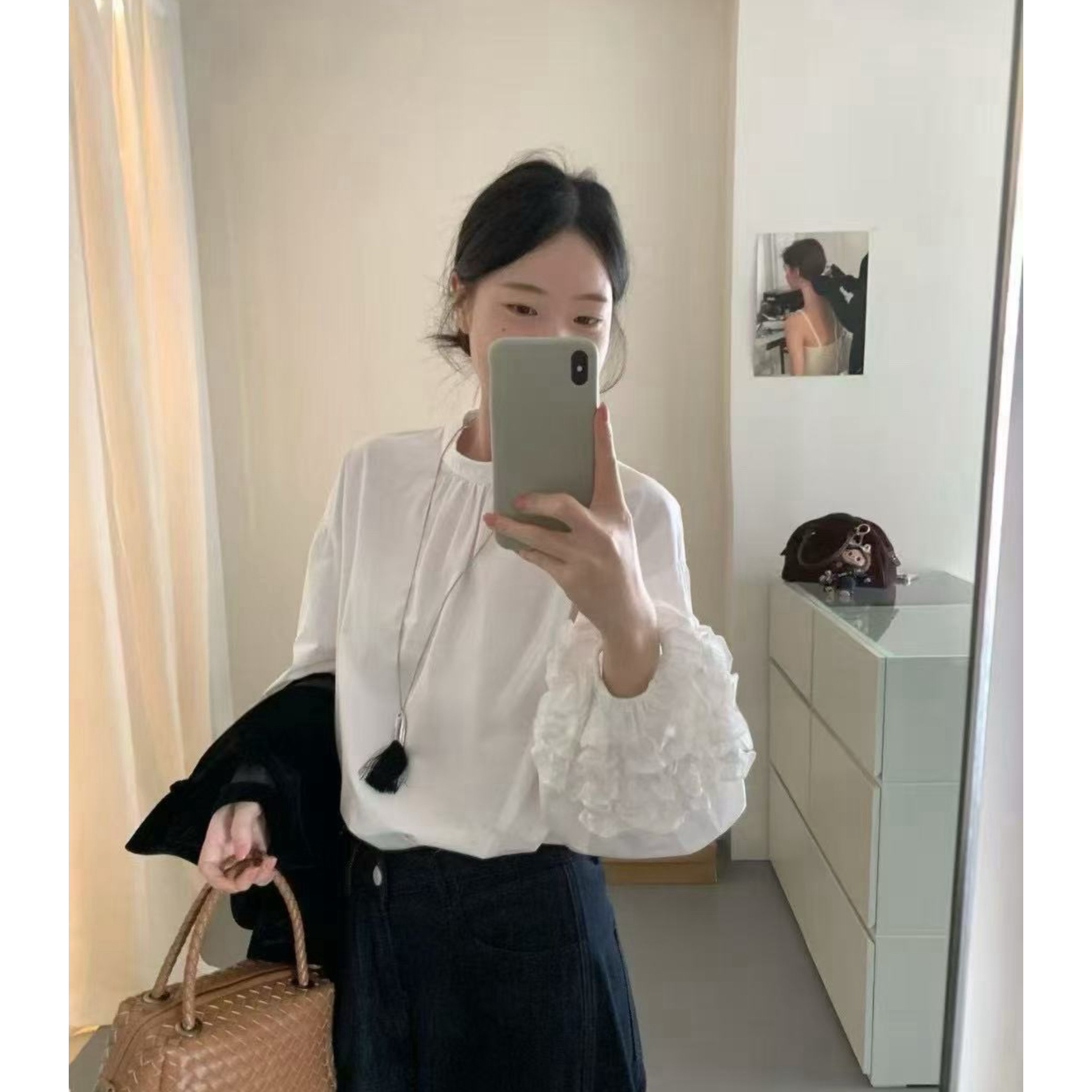 韩系立领木耳边长袖衬衫女2025秋季新款小众后排扣纯色休闲上衣