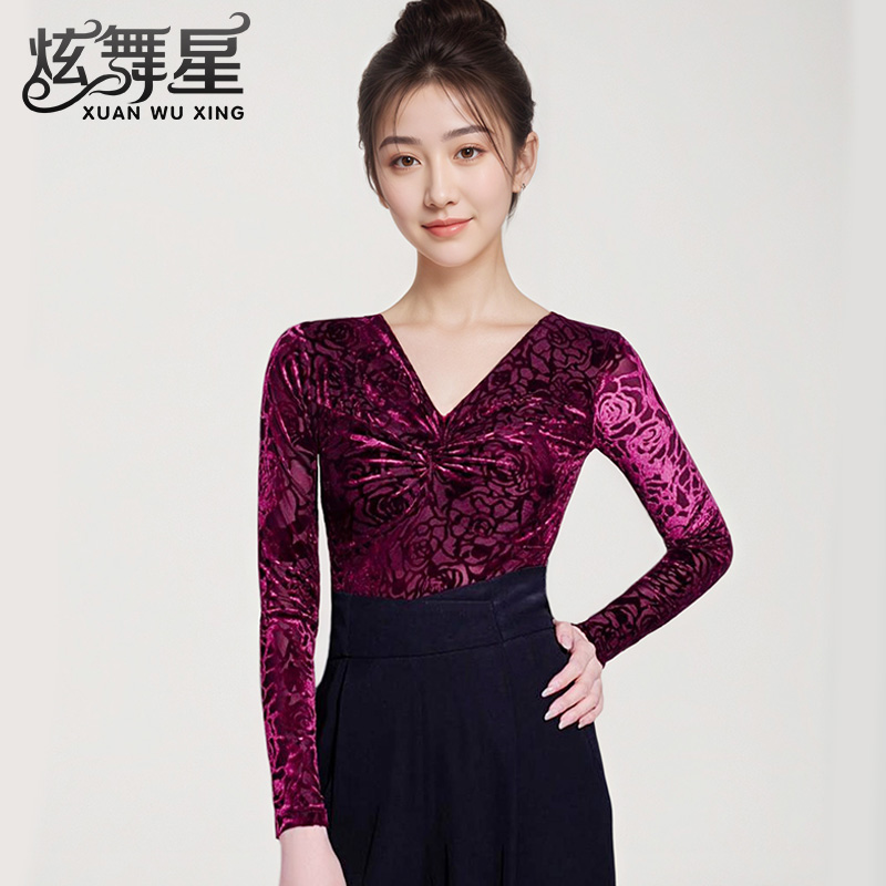 舞衣上衣新款时尚V领长袖烧花拉丁舞服成人华尔兹摩登舞连体服女