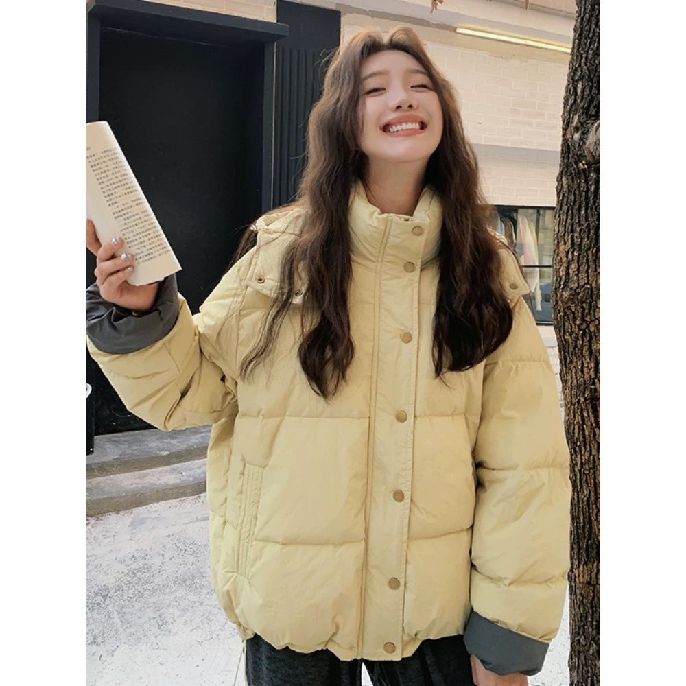 韩系格子立领短款棉服外套女秋冬季高级感宽松百搭连帽面包服棉衣