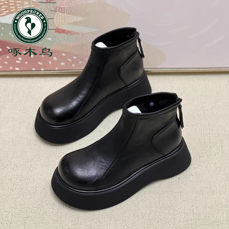 啄木鸟厚底丑萌大头马丁靴女后拉链加绒短靴秋冬新款英伦风女靴
