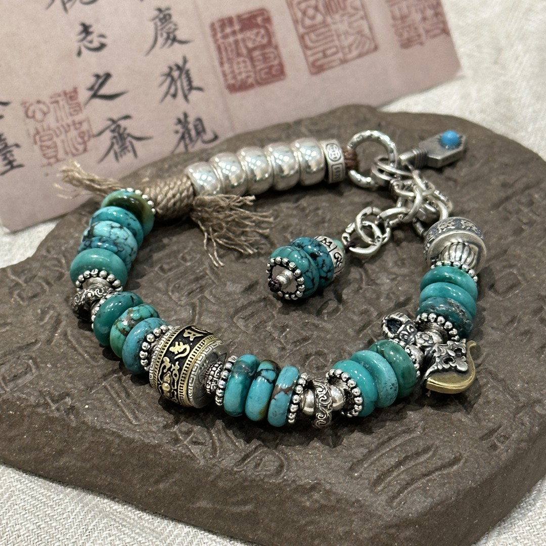 925银手链 S10272 绿色松松隔片六字真言可转动隔珠手链多样性发