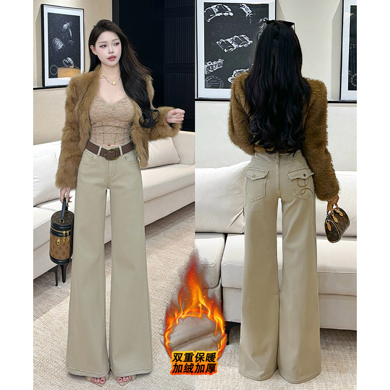 乔栈加绒卡其色刺绣千金风微喇牛仔裤女秋冬高腰设计感气质阔腿裤