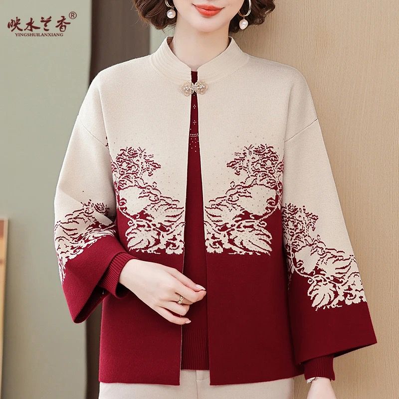 2025新款妈妈春装中式衣服红色针织两件套中老年女装毛衫50岁外套