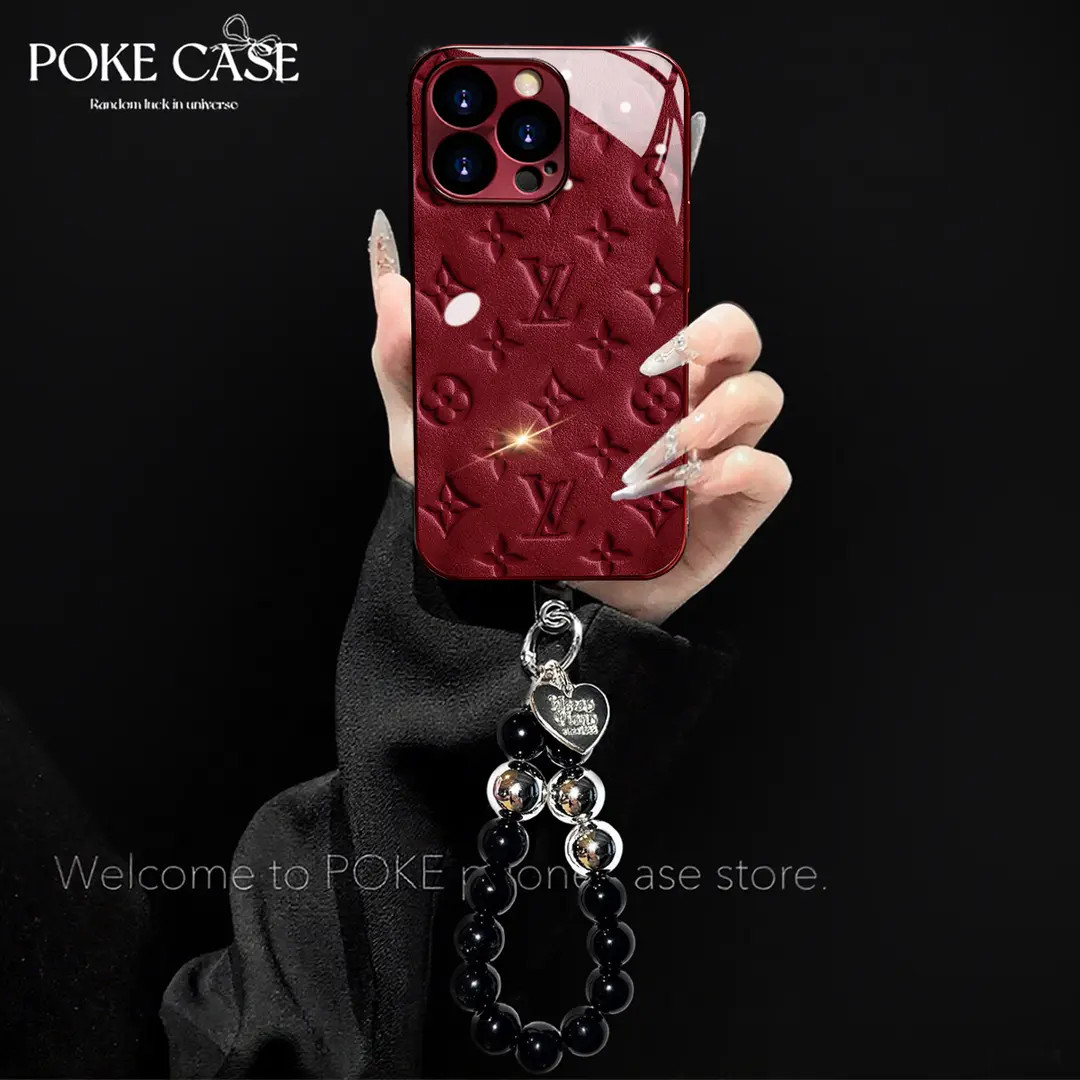 酒红色电镀玻璃酒红奢纹黑胶适用苹果oppo华为vivo小米手链手机壳