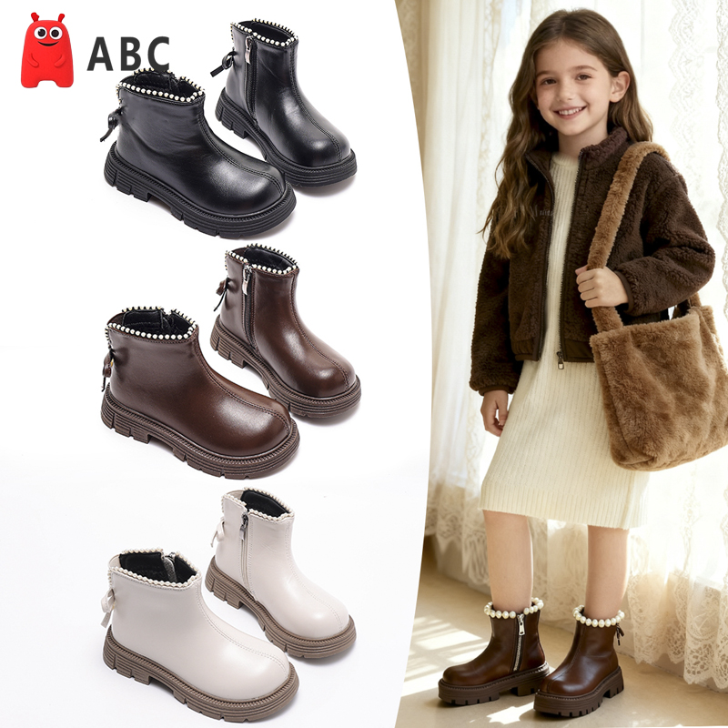 ABC女童马丁靴真皮2025冬新款皮靴防滑洋气儿童秋冬加绒加厚短靴