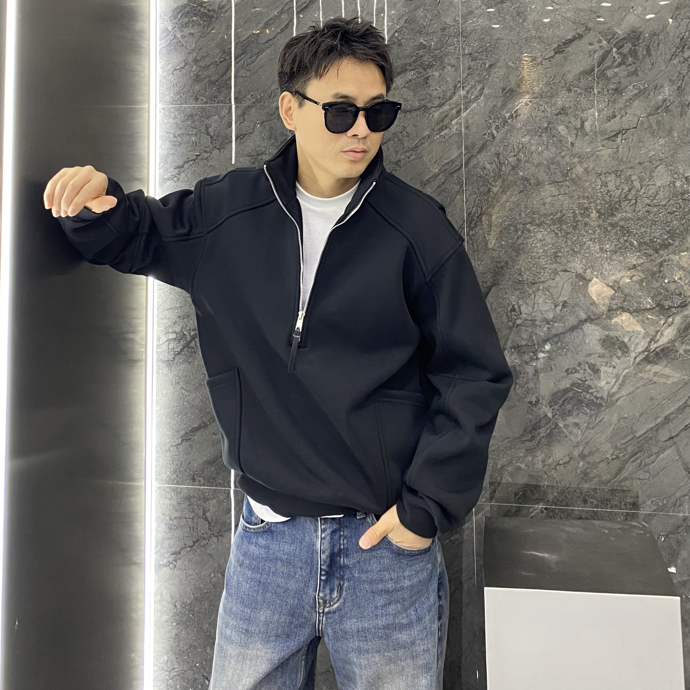 秋冬美式重磅半拉链立领加绒加厚合身立体裁剪痞帅休闲卫衣男