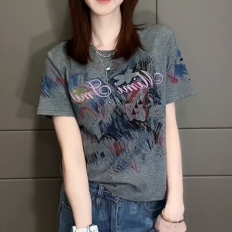 欧货彩色复古印花设计圆领套头短袖T恤夏季2025女士高级感上衣女
