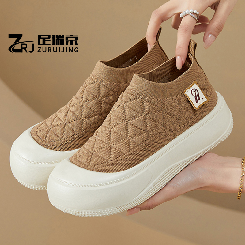 春秋新款单鞋女时尚休闲妈妈鞋厚底舒适一脚蹬休闲鞋平底防滑女鞋