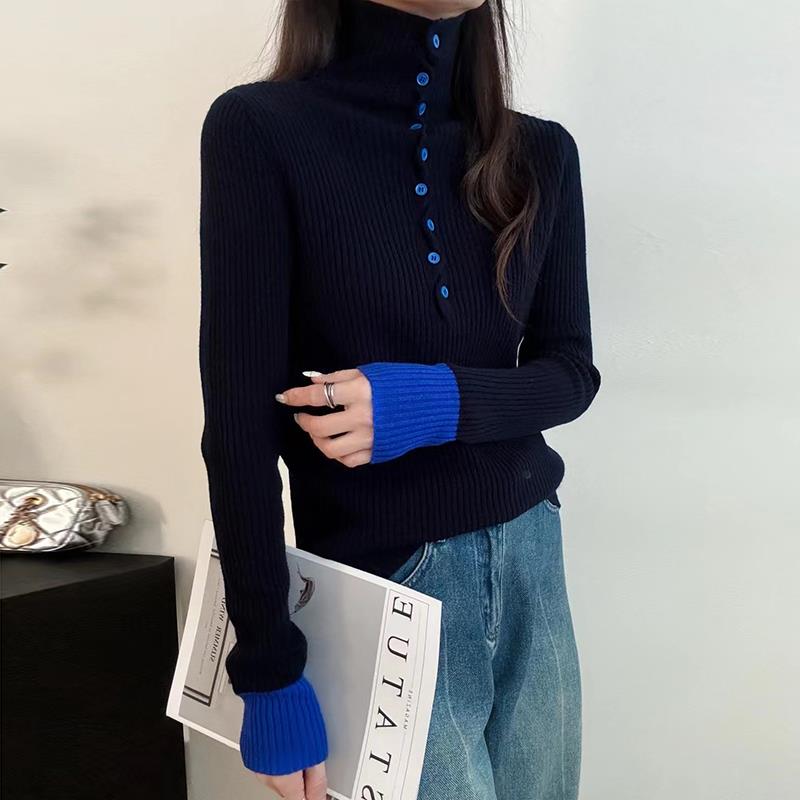 欧货2025春新款全羊毛打底衫高领单排扣拼色修身保暖针织衫毛衣女