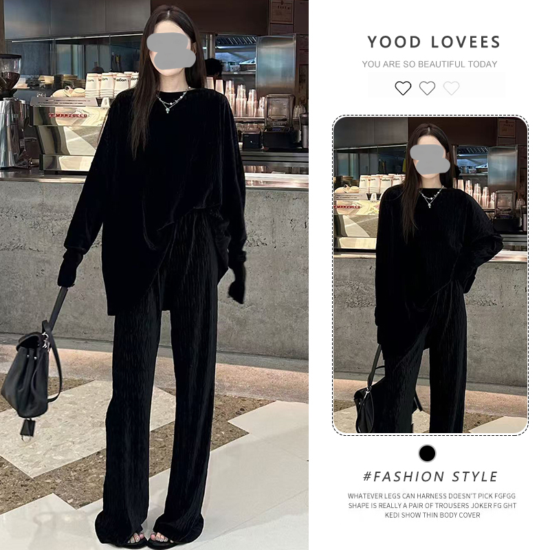 小众不撞款套装女新款高腰阔腿裤一整套ootd穿搭设计感长袖上衣潮