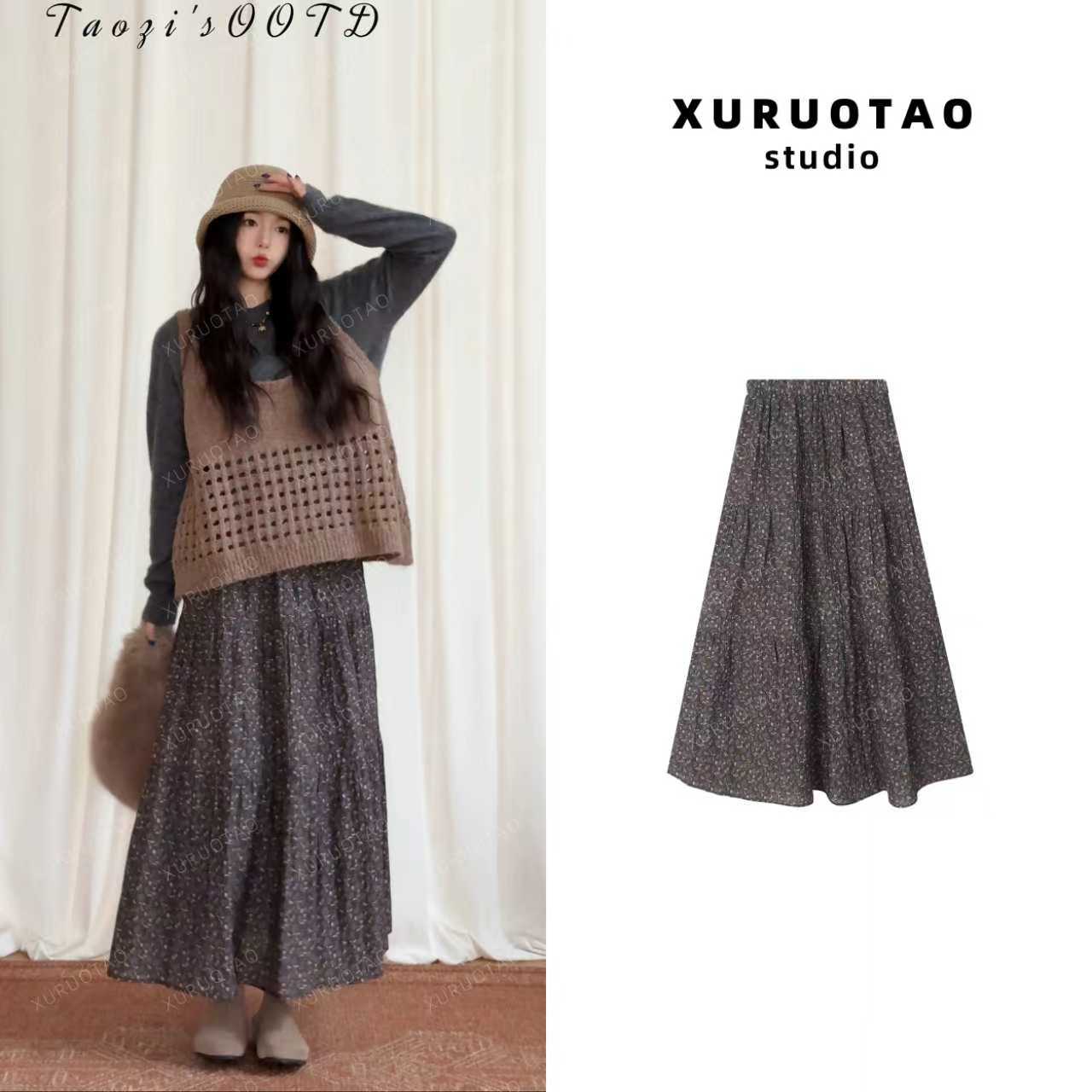 XURUOTAO【茶歇碎花裙】天丝设计感显瘦高腰碎花半身裙 T5679