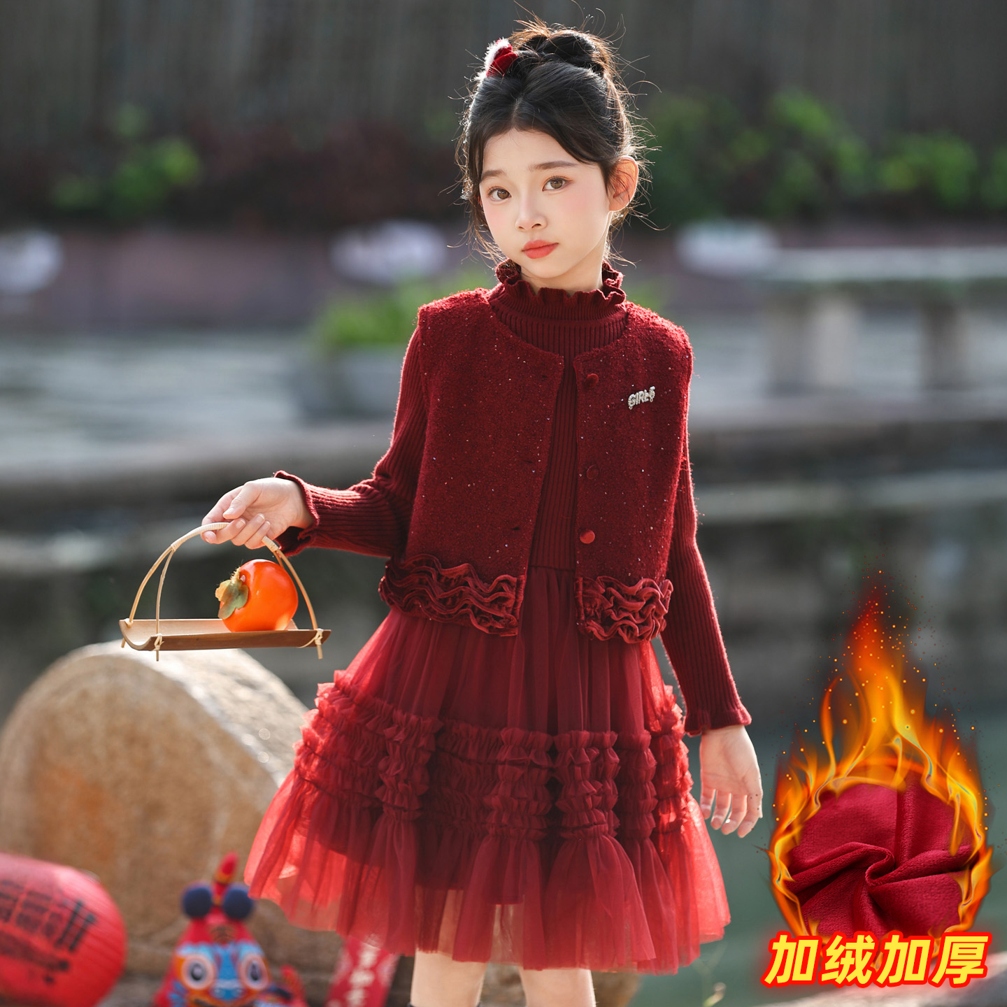 女童连衣裙拜年服2025休闲秋冬装中大童韩版小香风纱裙年服套装