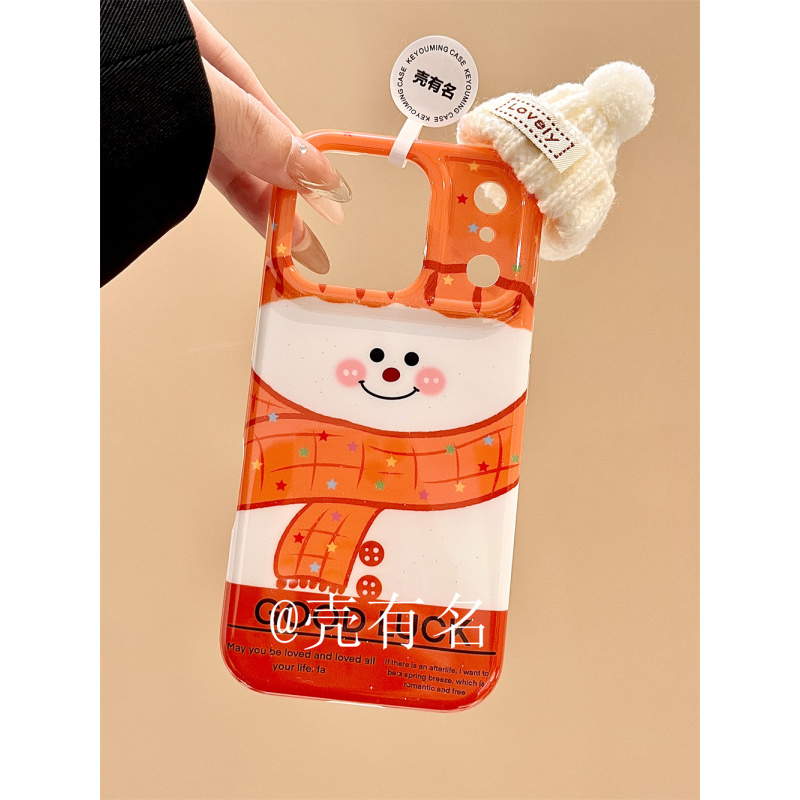 可爱橙色围巾微笑雪人立体针织帽适用苹果17手机壳iPhone16/15/14