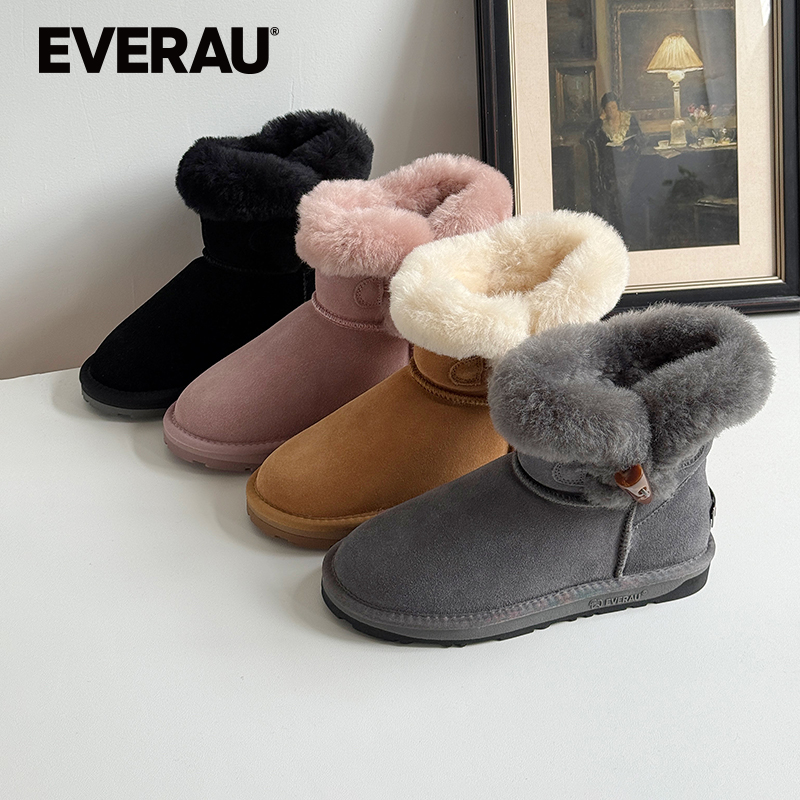EVERAU2025冬新款牛角扣短筒雪地靴保暖加绒加厚高帮棉鞋UEA3022