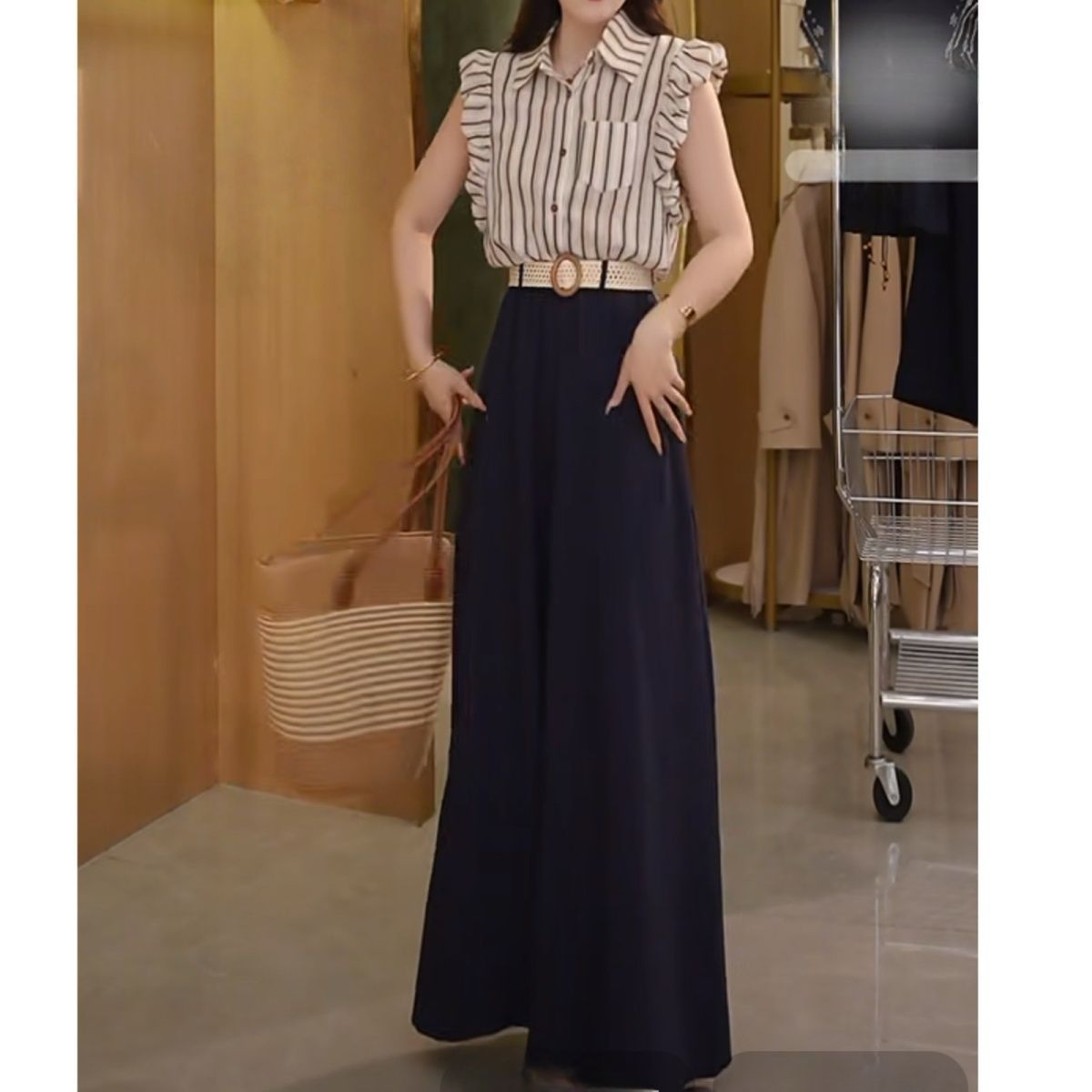 2025套装时尚气质条纹新款衬衫阔腿裤两件套上衣女夏装套装