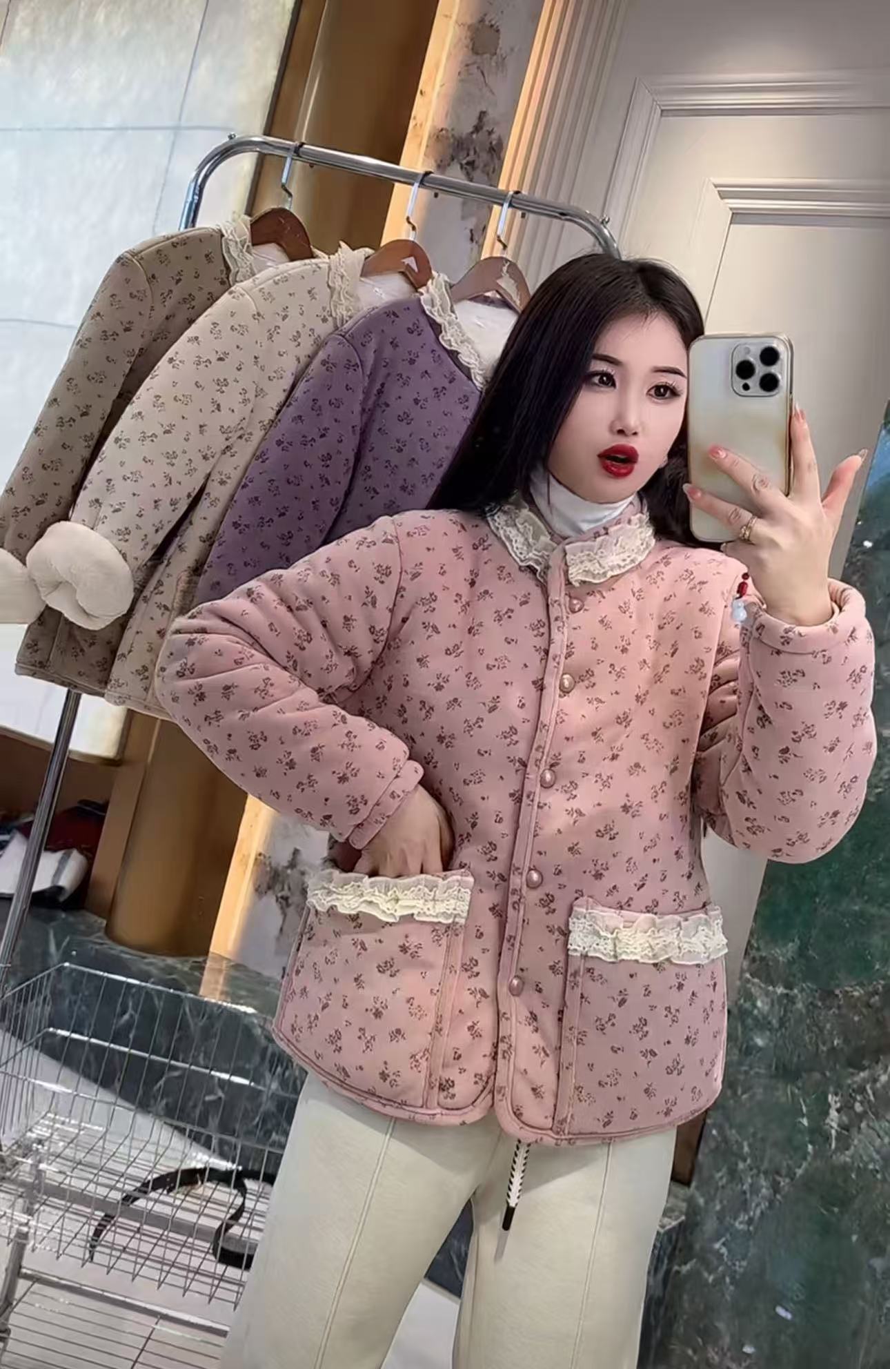 （加厚）新款加绒加厚花边领口棉袄棉服时尚甜美百搭保暖棉衣