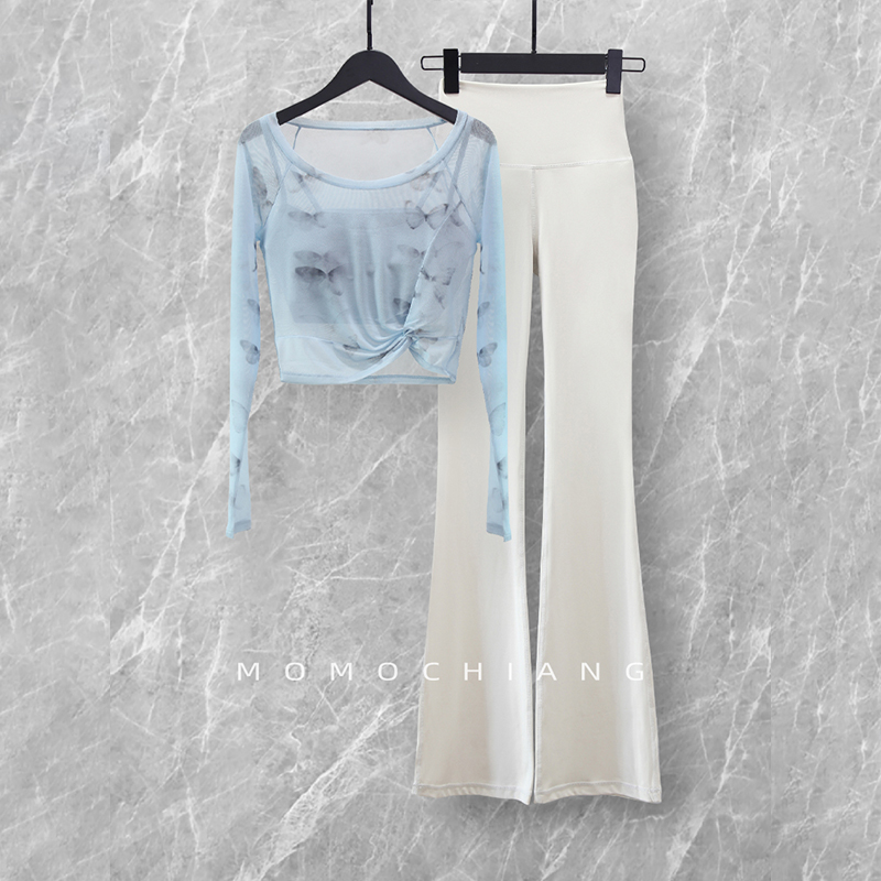 蝴蝶印花瑜伽服套装女固定胸垫长袖性感网纱显瘦速干微喇裤健身服