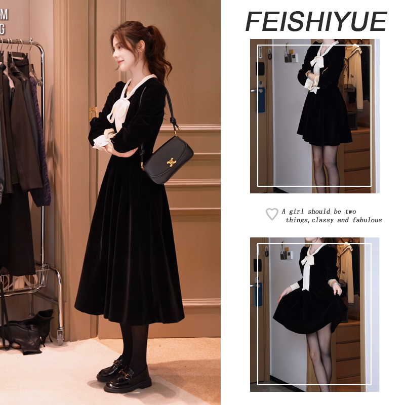 2025年新款秋季绝美小裙子小香风气质优雅收腰长袖内搭绑带连衣裙