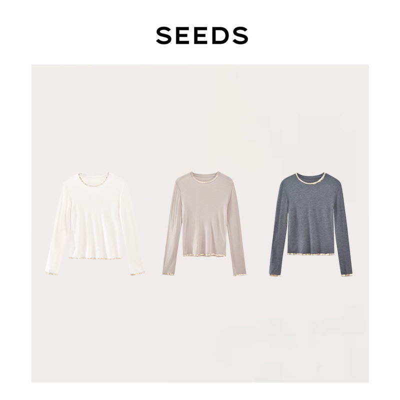 【铂金T】SEEDS 可机洗15.5微米全羊毛 轻奢撞色烫金边长袖针织衫