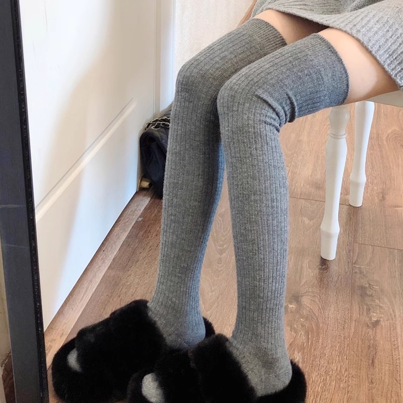烟灰色过膝袜女秋冬季大腿袜保暖高筒袜穿搭加厚米白色长筒袜袜子