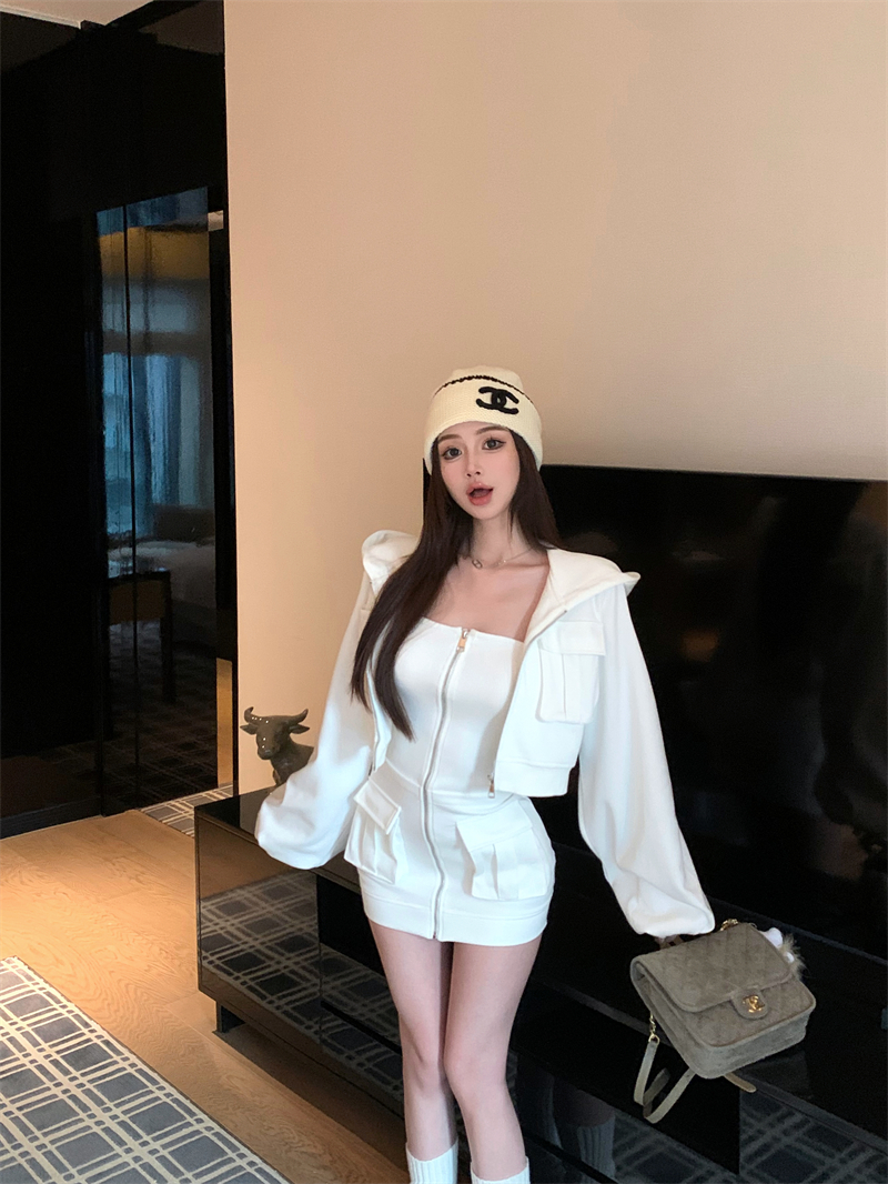 甜酷女孩针织拼接抹胸连衣裙针织多口袋连帽短款外套秋季穿搭套装