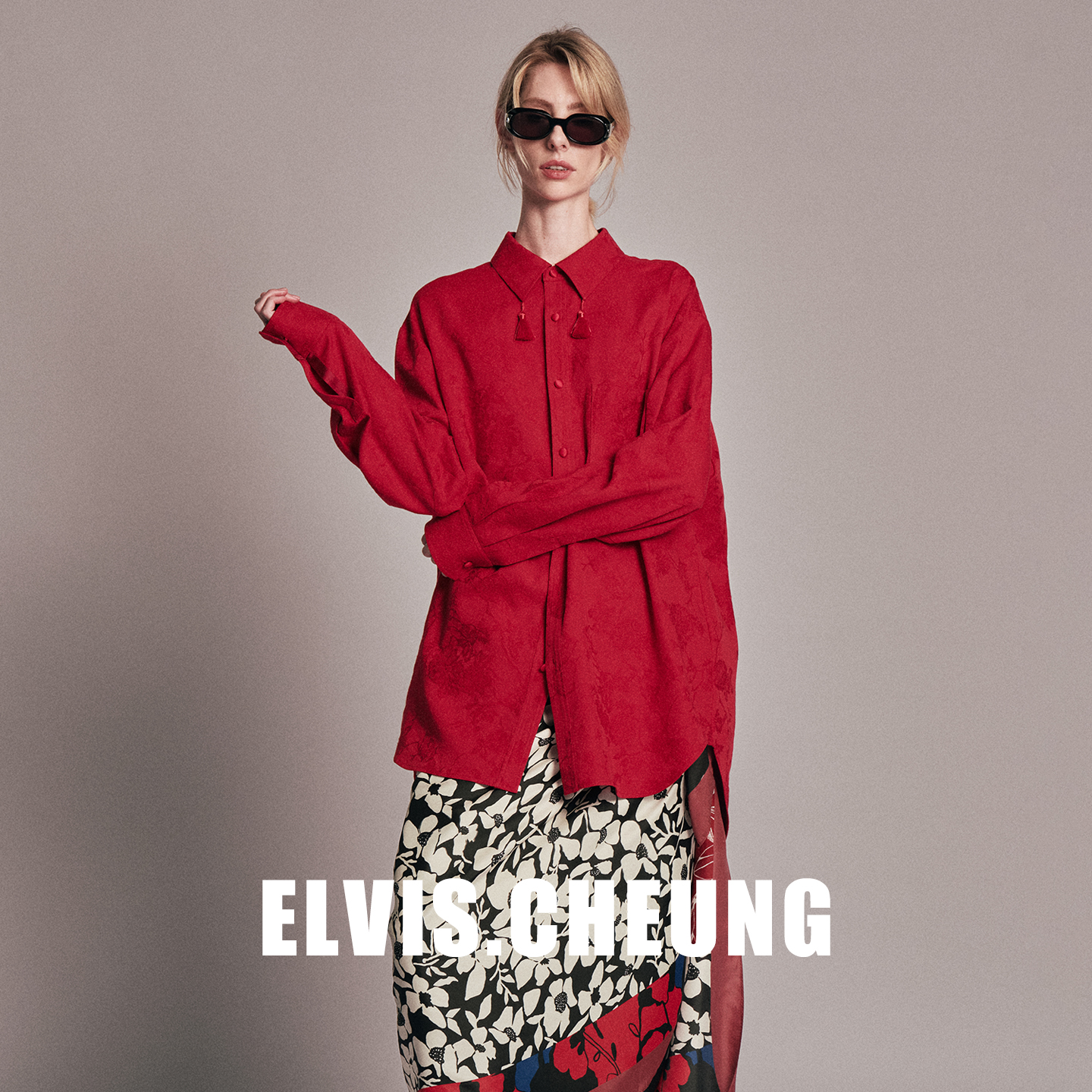 ELVIS.CHEUNG26SS“花生万运 ”系列-中国红牡丹纹提花流苏装饰衬衫