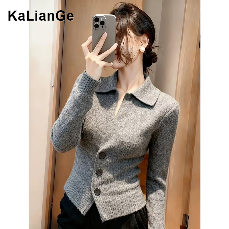 卡莲格/复古松弛感翻领灰色毛衣女2025秋冬加厚保暖时尚套头上衣