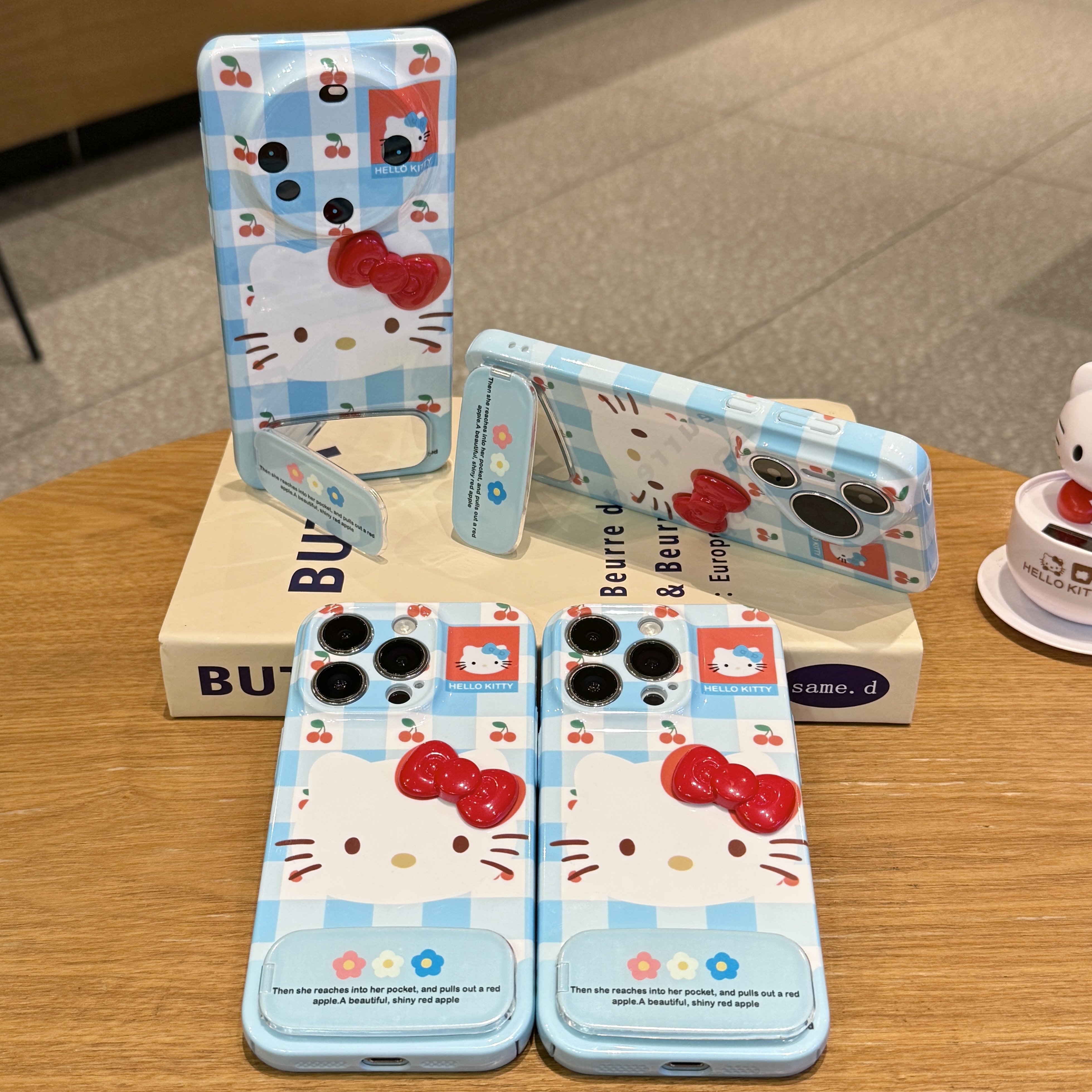 雅天立蓝白格纹樱桃KT猫适用苹果16手机壳13/15硬华为vivoppo小米