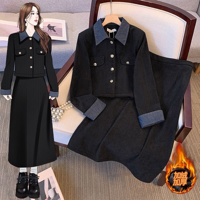 新中式连衣裙秋冬新款茶系穿搭高级感加绒加厚小香风套装裙两件套