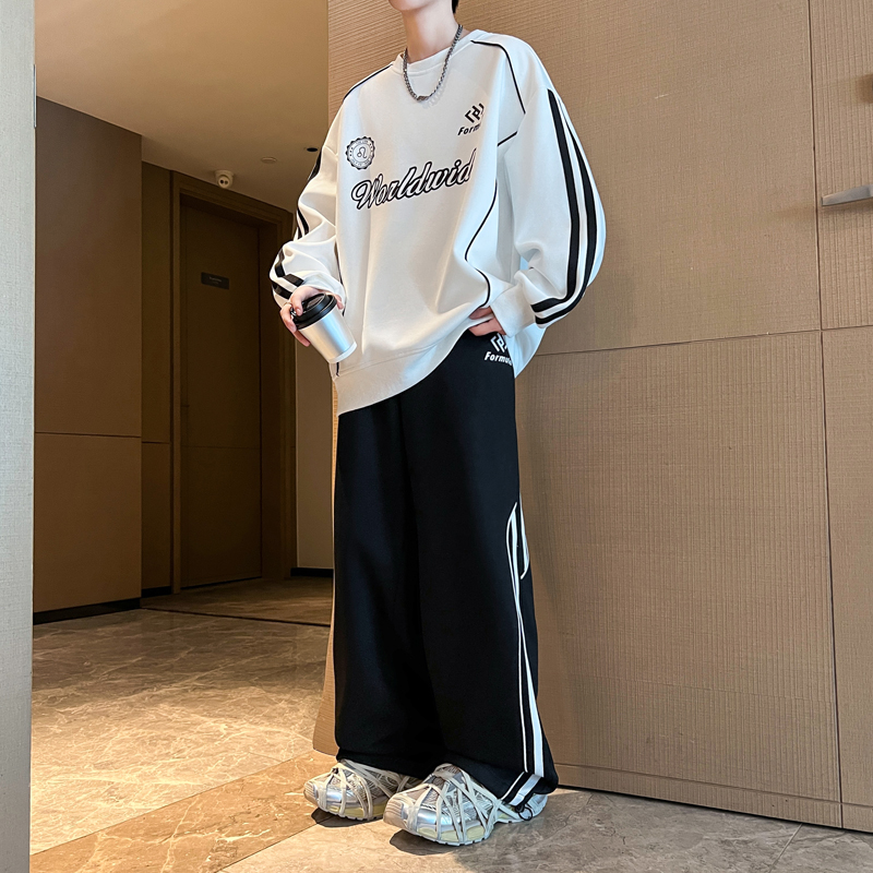 青少年秋季新款字母印花圆领长袖卫衣男潮牌休闲学生宽松港风套装