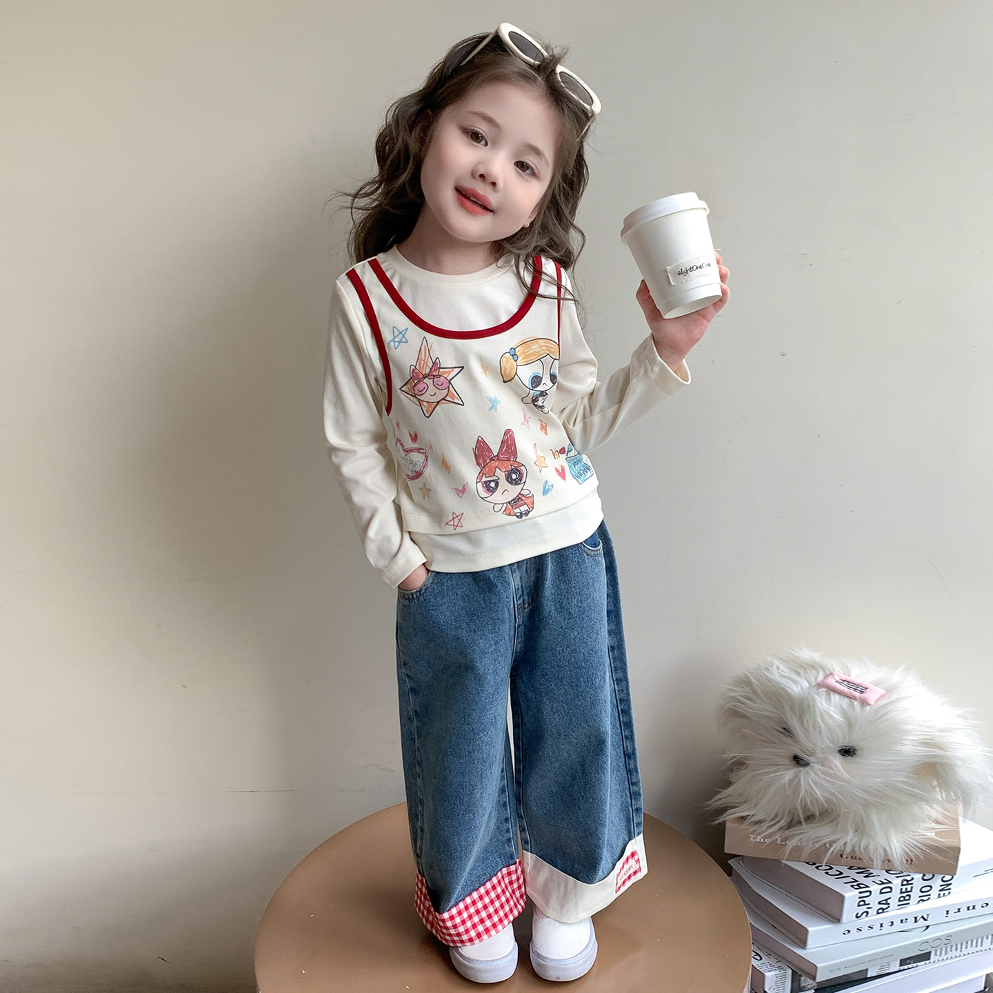 女童秋装套装2025新款小女孩洋气春秋季宝宝韩版卡通牛仔裤两件套