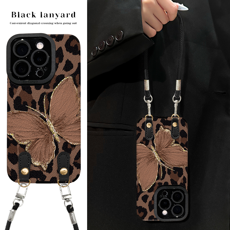 豹纹蝴蝶适用苹果16华为vivo小米oppo瞳眼羊皮挂绳手机壳女防摔